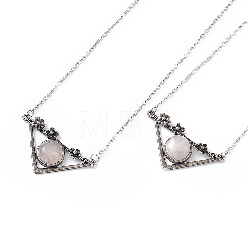 Natural Rose Quartz Triangle with Flower Pendant Necklace NJEW-P274-01AS-04-1