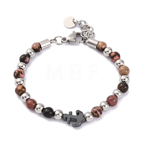 Natural Rhodochrosite & Synthetic Magnetic Hematite Anchor Beaded Bracelet BJEW-P339-01P-03-1