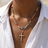 Bohemian 304 Stainless Steel Cross Pendant Rainbow Color Round Glass Seed Beaded Double Layer Necklaces for Women MU6538-2-3