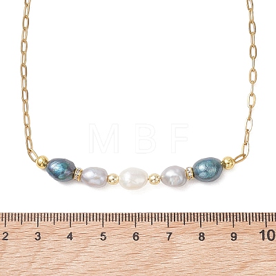 Natural Pearl Rice Beaded Necklaces with 304 Stainless Steel Paperclip Chains NJEW-JN05977-01-1