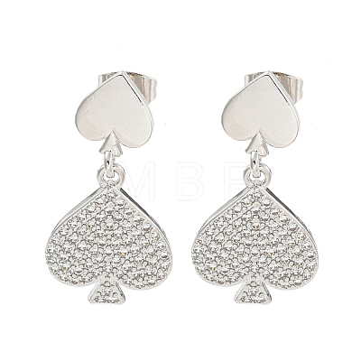Spades Brass Pave Clear Cubic Zirconia Dangle Earrings EJEW-M258-33P-1