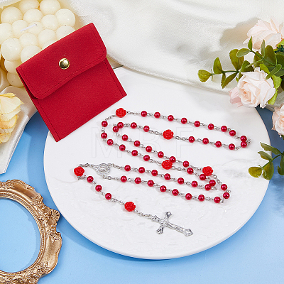 Imitaiton Round Pearl with Resin Flower Rosary Bead Necklaces NJEW-DC0001-23B-1