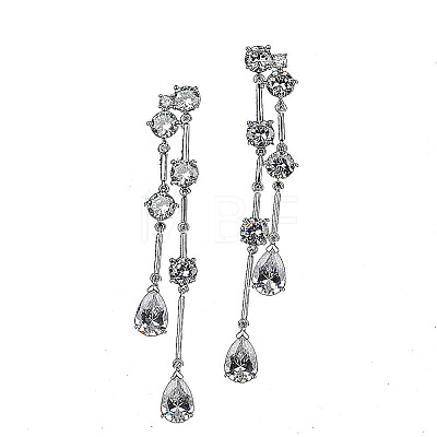 Brass Clear Cubic Zirconia Teardrop Tassel Stud Earrings FS-WG0D253-02-1