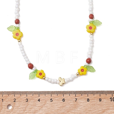 3Pcs 3 Colors Faceted Round Natural Red Jasper & Dyed White Jade & Agate & Flower Handmade Millefiori Glass & Glass Seed Beaded Necklaces for Women NJEW-MZ00150-1