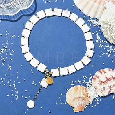 Adjustable White Shell Pearl Square Bead Lariat Necklaces with 304 Stainless Steel OT Clasps NJEW-JN06029-1