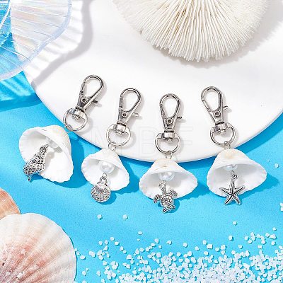 4Pcs 4 Styles Sea Animal Alloy & Natural Shell Pendant Decorations HJEW-JM02015-1