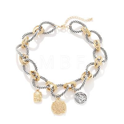 Zinc Alloy with Aluminium Coin Pendant Twisted Ring Link Chain Bib Necklaces for Women FS-WG2722B-01-1
