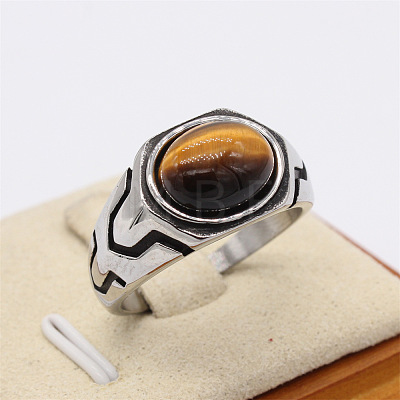 316L Surgical Stainless Steel and Natural Tiger Eye Finger Rings for Men FS-WG3E90C-36-1