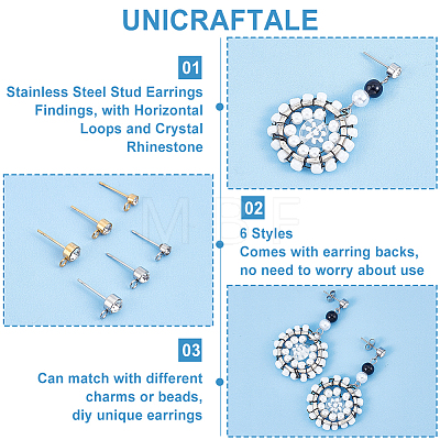 Unicraftale 36Pcs 6 Style 304 Stainless Steel Stud Earrings Findings STAS-UN0039-35-1