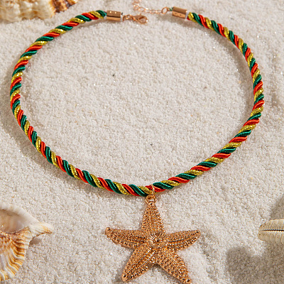 Ocean Alloy Starfish Pendant Twisted Cotton Cord Necklaces FS-WG595AC-04-1
