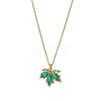 Brass Pave Cubic Zirconia Maple Leaf Pendant 304 Stainless Steel Cable Chain Necklaces for Women NJEW-JN05901-02-1
