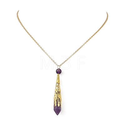 304 Stainless Steel Filigree Natural Amethyst Faceted Pointed Bullet Pendant Brass Cable Chain Necklaces NJEW-JN06568-02-1