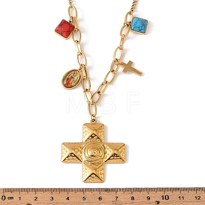 Religion 304 Stainless Steel Textured Cross and Resin Imitattion Turquoise Square Pendant Necklaces for Women NJEW-F380-01G-1