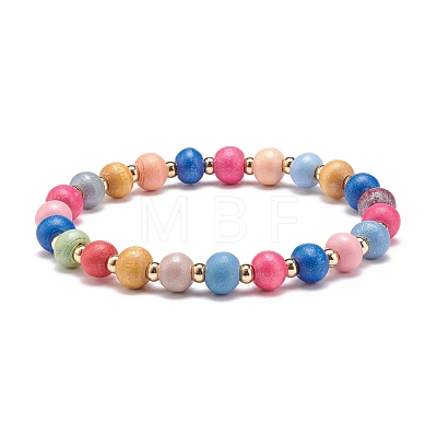 2Pcs 2 Size Natural Wood Round Beaded Stretch Bracelets Set for Kid and Parent BJEW-JB08568-1