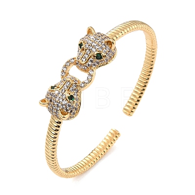 Green Cubic Zirconia Doube Leopard Doorknocker Shape Cuff Bangle BJEW-I298-24G-1