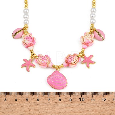 Ocean Brass Enamel Starfish Shell Shape Pendant Round ABS Imitation Pearl Beaded Necklaces KK-CBA4547-04C-G-1