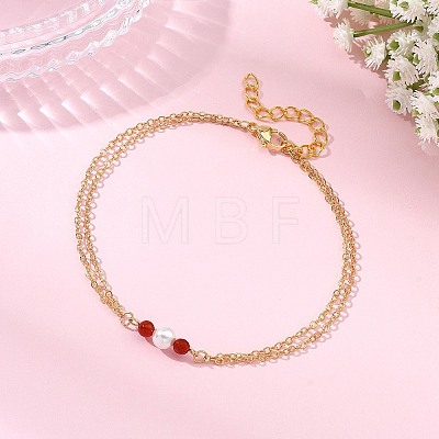 White Round Shell Pearl & Natural Carnelian Beads Anklets AJEW-AN00835-02-1