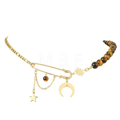 Brass Moon Star Pendant 304 Stainless Steel Figaro Chain and Natural Tiger Eye Round Beaded Necklaces for Women NJEW-TA00238-1