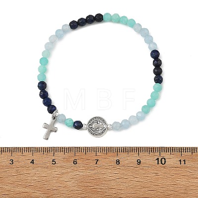 Gradient Natural Mixed Stone Faceted Round Beaded Stretch Bracelets with Alloy Saint Benedict Medal BJEW-JB14401-01-1