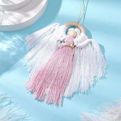 Angel Wood & Cotton Threads Pendant Decoration HJEW-JM02406-02-1