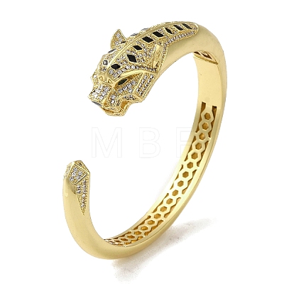 Brass Pave Clear & Green Cubic Zirconia Leopard Open Cuff Bangle for Women BJEW-K246-16G-1