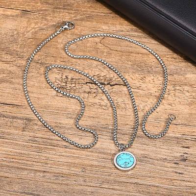 Synthetic Turquoise 304 Stainless Steel Coin Pendant Necklaces for Men WG41827-03-1