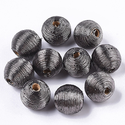 Wood Beads Covered with Polyester Cord Wire WOVE-S117-18mm-03-1