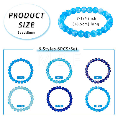 6Pcs 6 Styles 8mm Glass Round Beaded Stretch Bracelet Sets BJEW-TAC0021-1