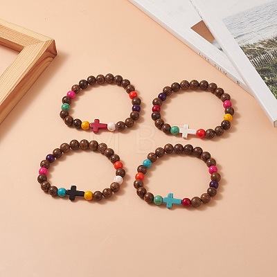 Dyed Synthetic Turquoise Cross & Wood Round Beaded Stretch Bracelet for Women BJEW-JB09276-1