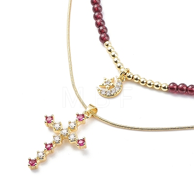2Pcs 2 Style Cubic Zirconia Cross & Moon Pendant Necklaces Set with Natural Garnet Beaded NJEW-JN04029-1