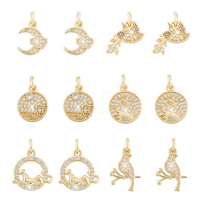 Fashewelry 12Pcs 6 Style Brass Micro Pave Clear Cubic Zirconia Charms KK-FW0001-11-1