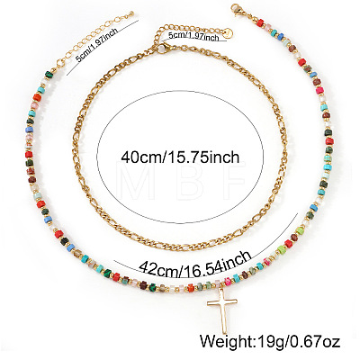 Stainless Steel Religion Cross Pendant Colorful Natural Mixed Gemstone Heishi Beaded Double Layer Necklaces for Women OM0198-1-1