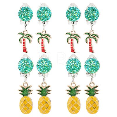 4 Pairs 2 Style Coconut Tree & Pineapple Enamel Dangle Clip-on Earring EJEW-AR0001-08-1