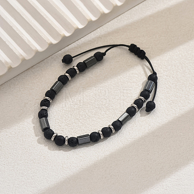 Elegant Adjustable Natural Lava Rock & Non-magnetic Synthetic Hematite Braided Bead Bracelets EI1197-1-1