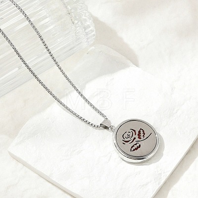 316 Surgical Stainless Steel Aromatherapy Diffuser Perfume Hollow Flat Round Pendant Box Chain Necklaces NJEW-R016-01P-02-1