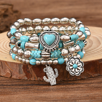 4Pcs 4Pcs Synthetic Turquoise & CCB Beaded Stretch Bracelets FS-WGC8DBE-02-1