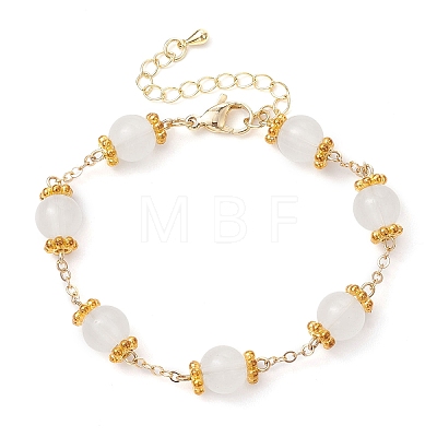 Brass & Imitation Jade Round Glass Link Bracelets for Women BJEW-JB10771-1