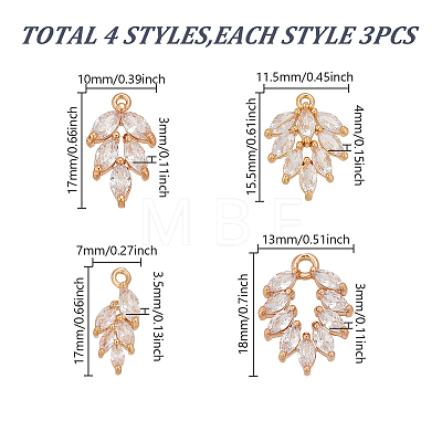 12pc 4 Styles Brass Micro Pave Clear Cubic Zirconia Pendants FIND-AR0006-32G-1