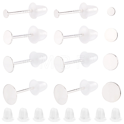 16Pairs 4 Styles 925 Sterling Silver Flat Pad Stud Earring Findings STER-BBC0009-08-1