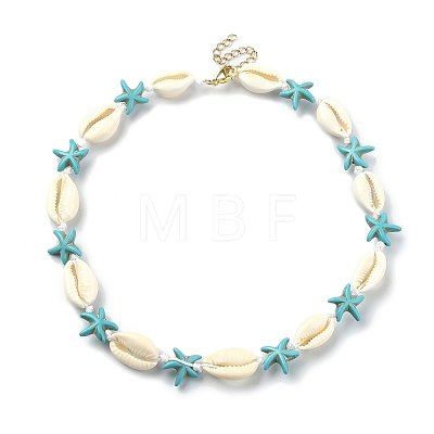 Natural Shell & Synthetic Turquoise Starfish Beaded Necklace with 304 Stainless Steel Clasps NJEW-TA00107-01-1