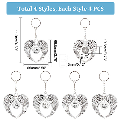   16Pcs 4 Style Wing Shape Alloy Pendant Keychain KEYC-PH0001-79-1