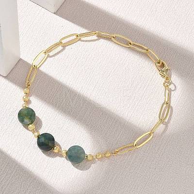 Natural Moss Agate Faceted Flat Round Beaded Brass Paperclip Chain Bracelets GG-CBA37F5-02G-02-1