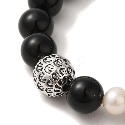 Natural Pearl & Obsidian & Brass Round Stretch Bracelets BJEW-C051-24-1