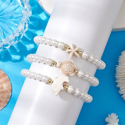 3Pcs 3 Styles Summer Shell Pearl Braided Bead Bracelets BJEW-JB10323-1