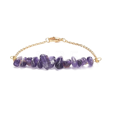 2Pcs 2 Color Natural Amethyst Chip Beaded Link Bracelets Set with 304 Stainless Steel Cable Chains BJEW-JB07914-03-1