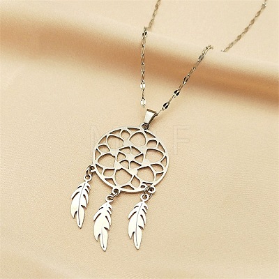 Non-Tarnish Woven Net/Web with Feather 304 Stainless Steel Pendant Necklaces for Women NJEW-G087-07P-1