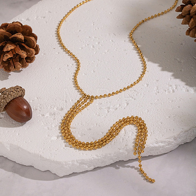 304 Stainless Steel Ball Chain Tassel Y Necklaces for Women NJEW-Z104-01G-1