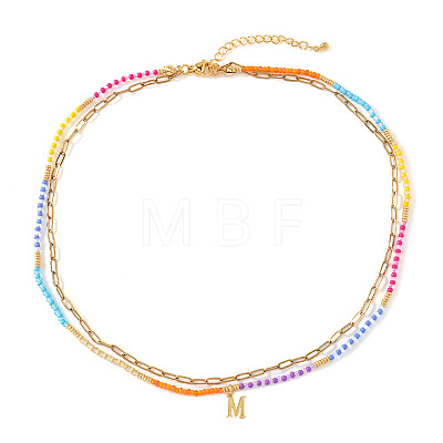 Colorful Glass Seed Beaded Initial Pendant Double Layer Necklaces QS3881-13-1