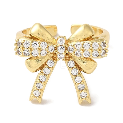 Bowknot Brass Micro Pave Clear Cubic Zirconia Open Cuff Rings for Women RJEW-C098-10G-1