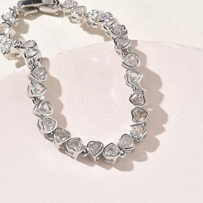 Heart Brass Micro Pave Clear Cubic Zirconia Link Chain Bracelets for Women BJEW-C156-07C-P-1